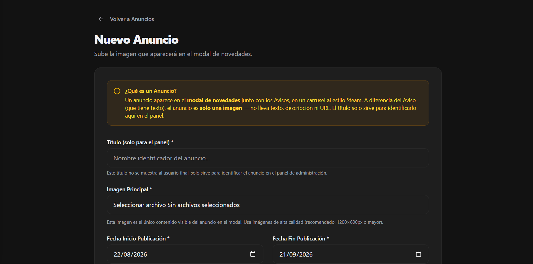Formulario de creación de Anuncios