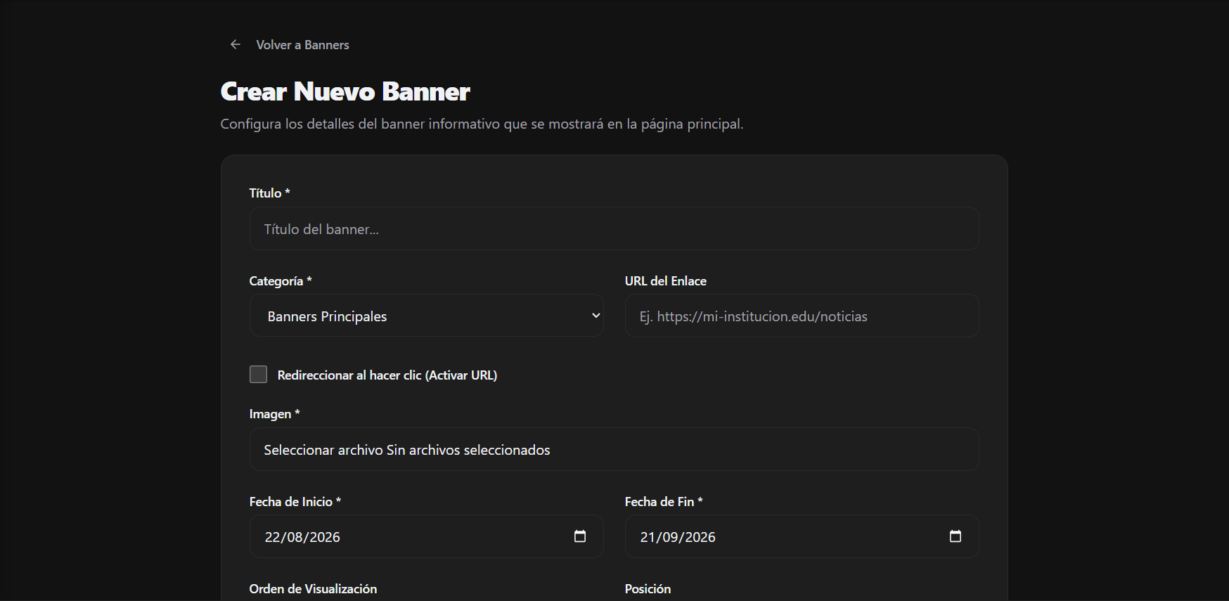 Formulario de creación de Banners