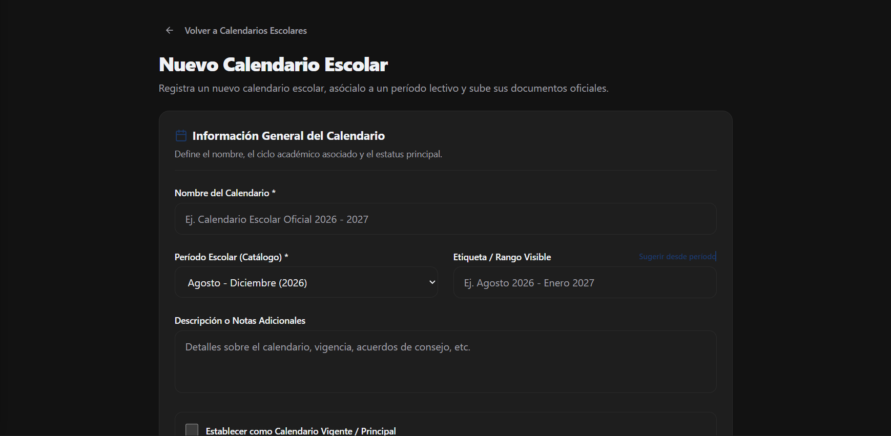 Formulario de creación de Calendario