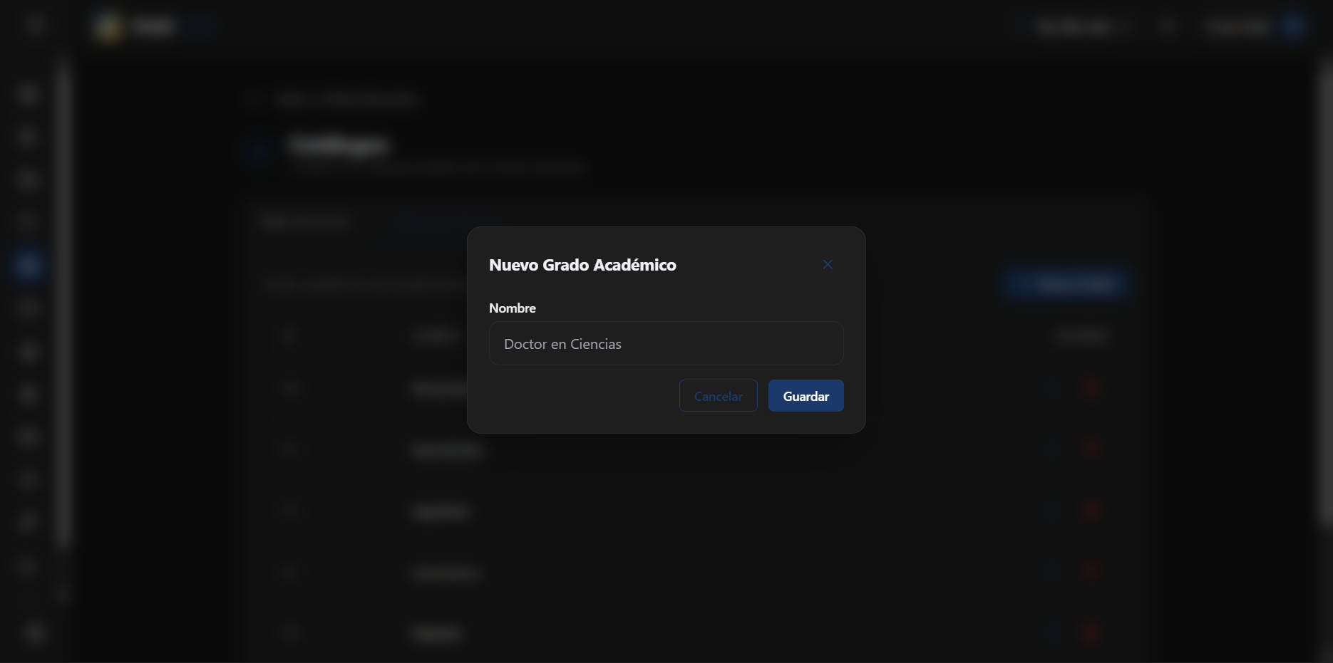 Formulario de creación de Grado