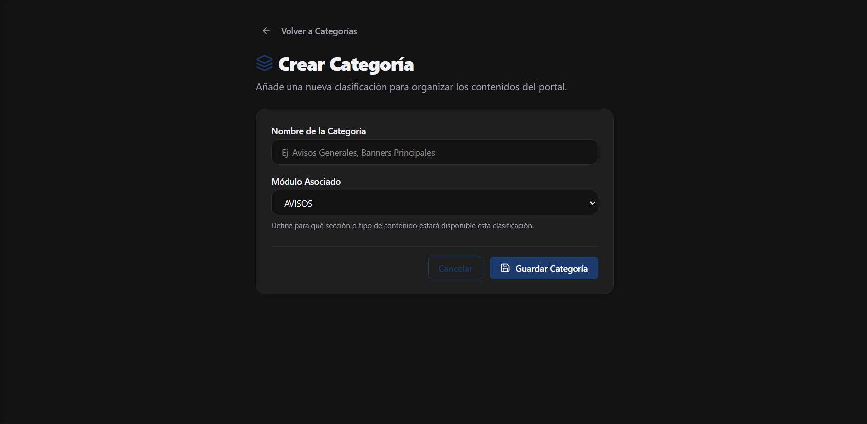 Formulario de creación de Categorías
