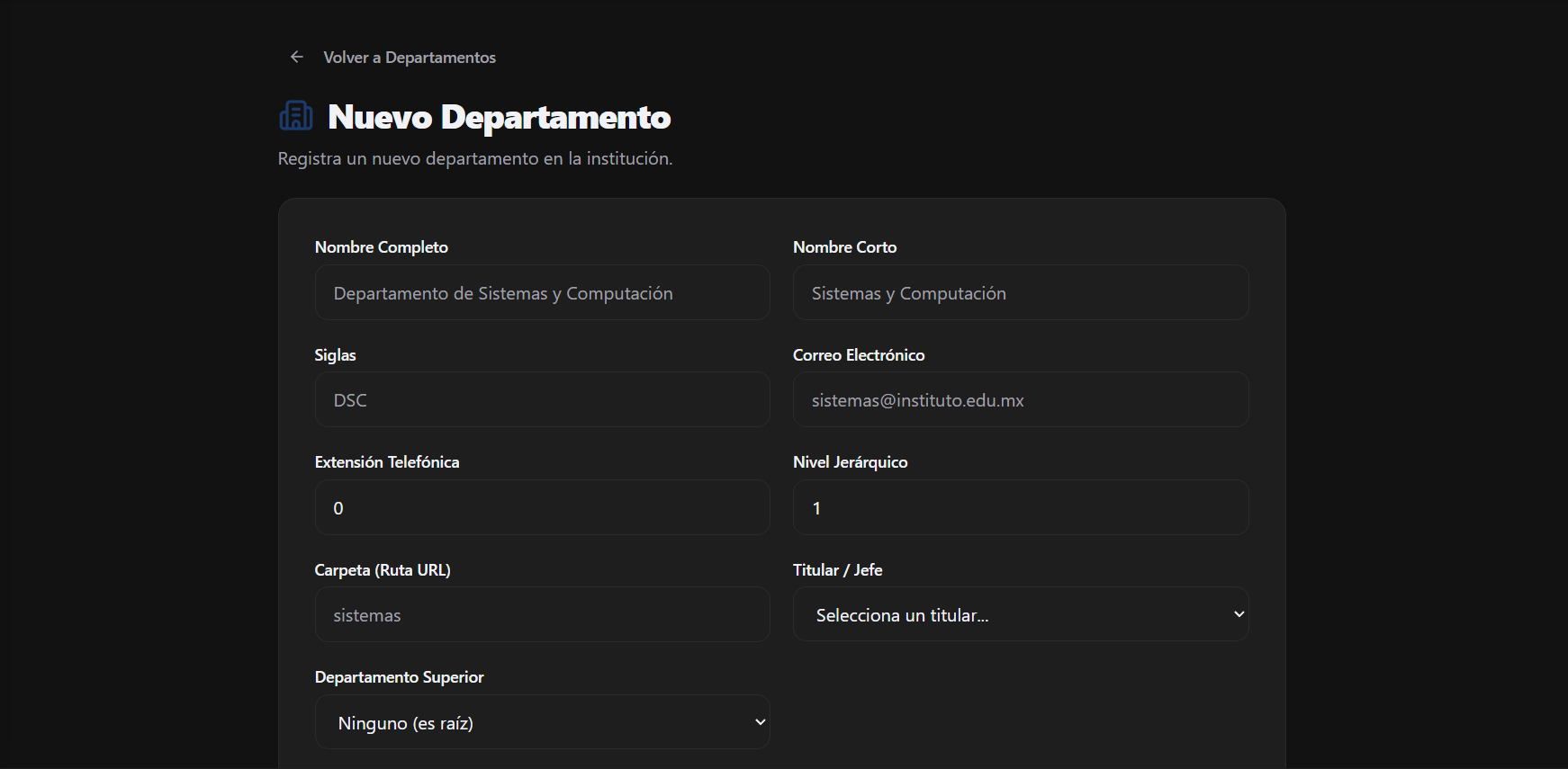 Formulario de creación de Departamentos