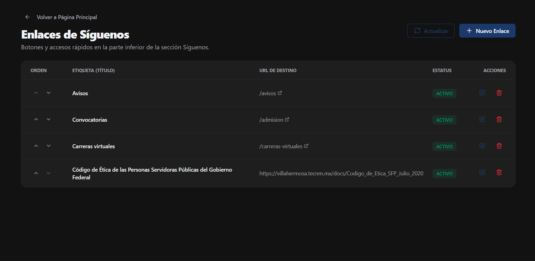 Pantalla principal de Enlaces