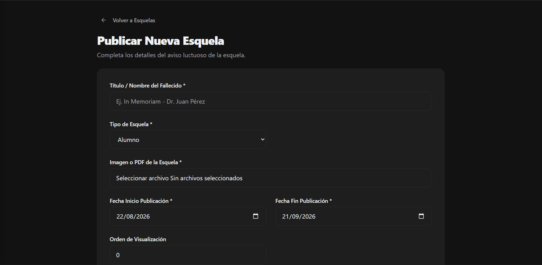 Formulario de creación de Esquelas