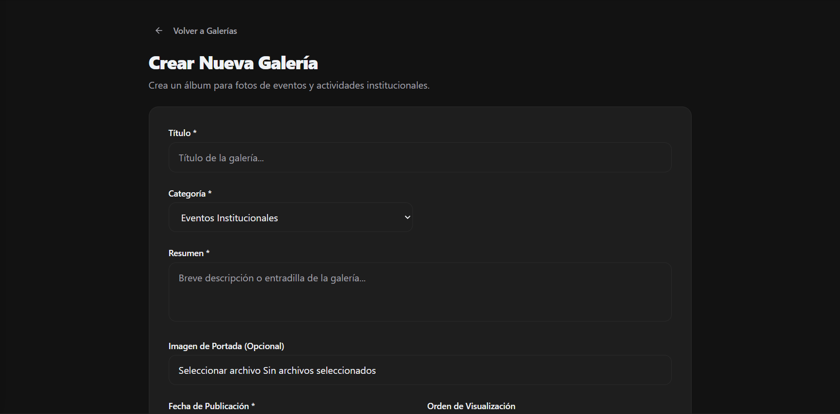 Formulario de creación de Galerías