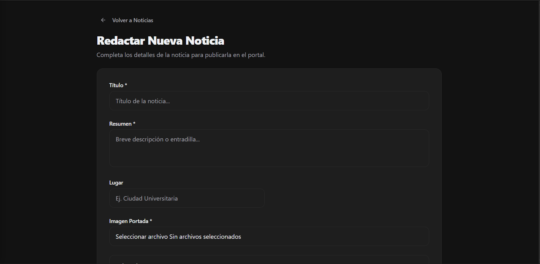 Formulario de creación de Noticias