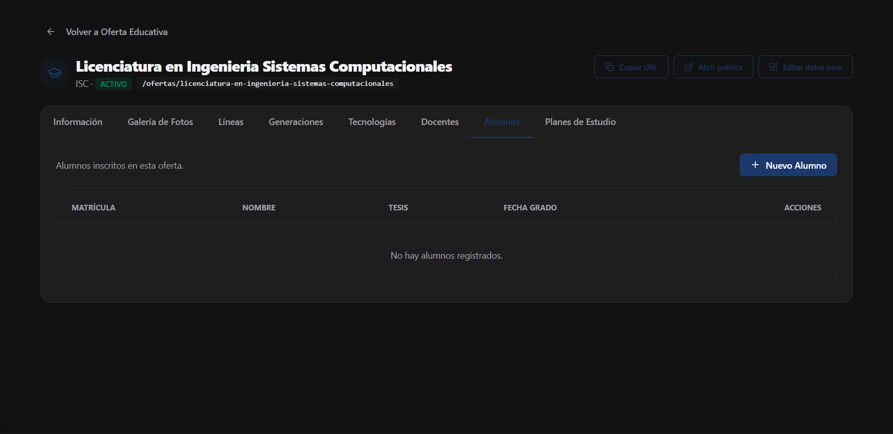 Pantalla de Alumnos