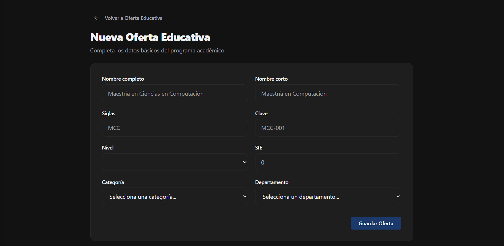 Pantalla principal de Oferta Educativa