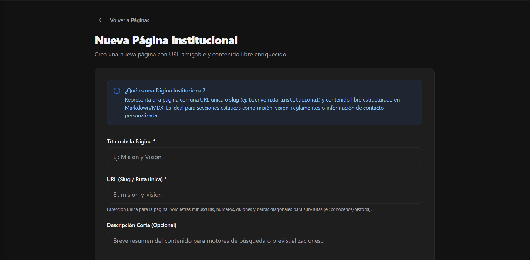 Formulario de creación de Página Institucional