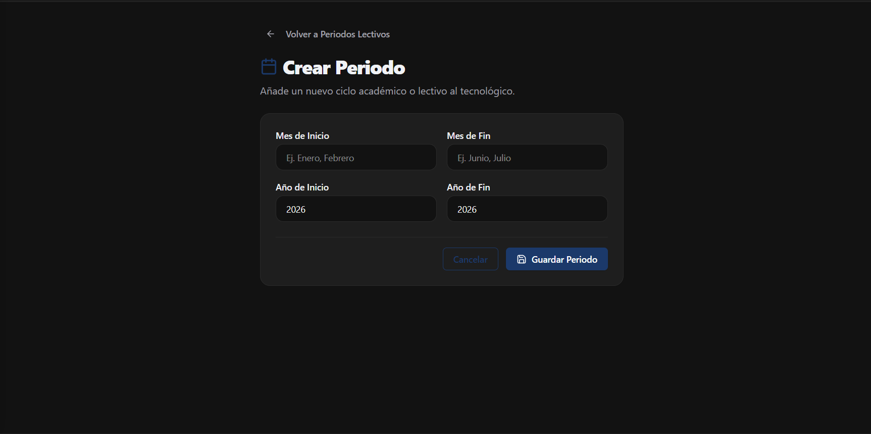 Formulario de creación de Periodos