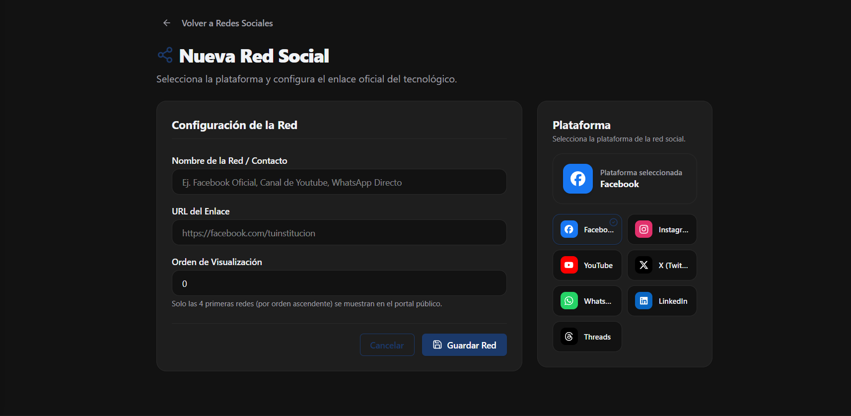 Formulario de creación de Redes Sociales
