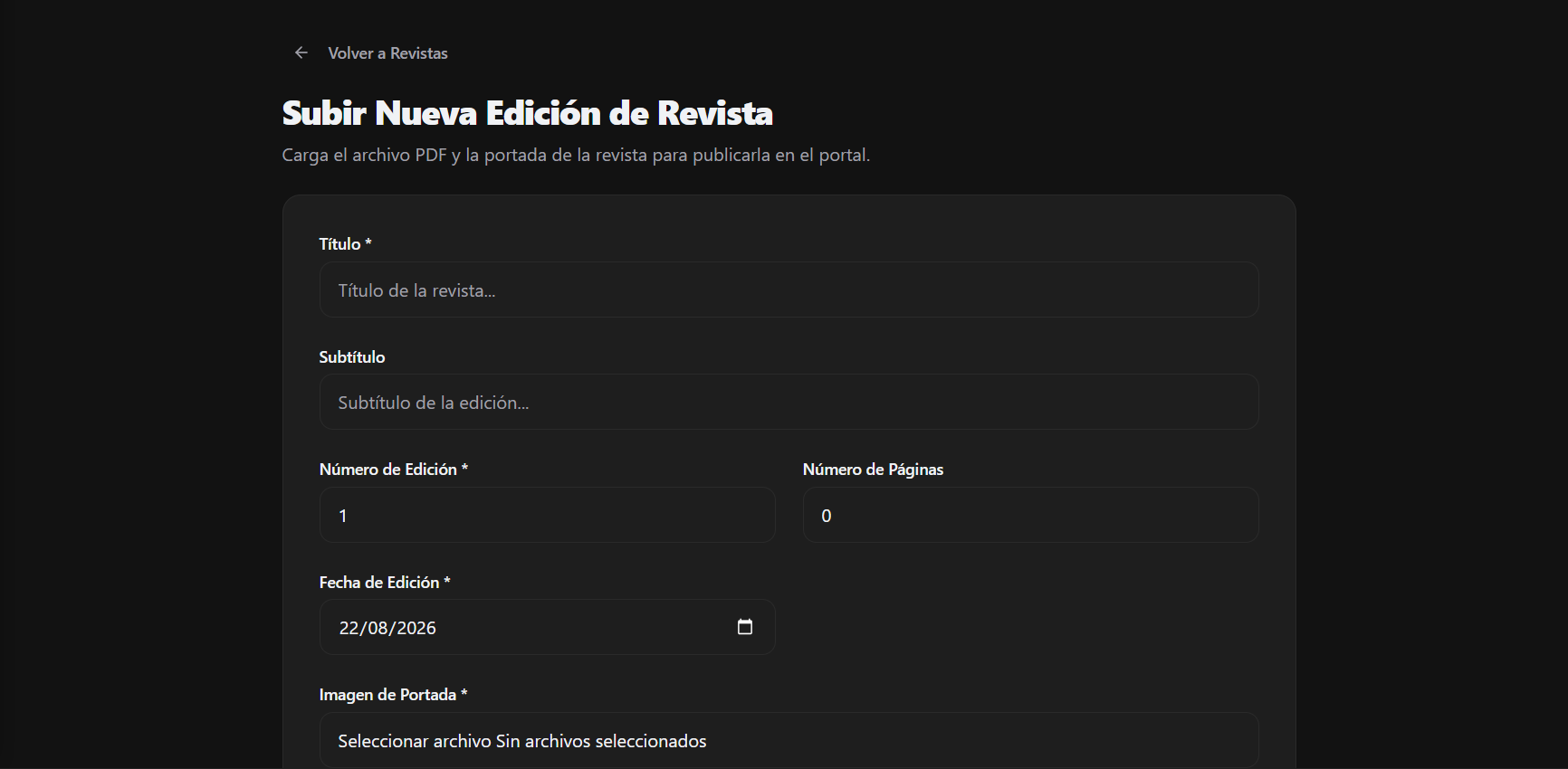 Formulario de creación de Revistas