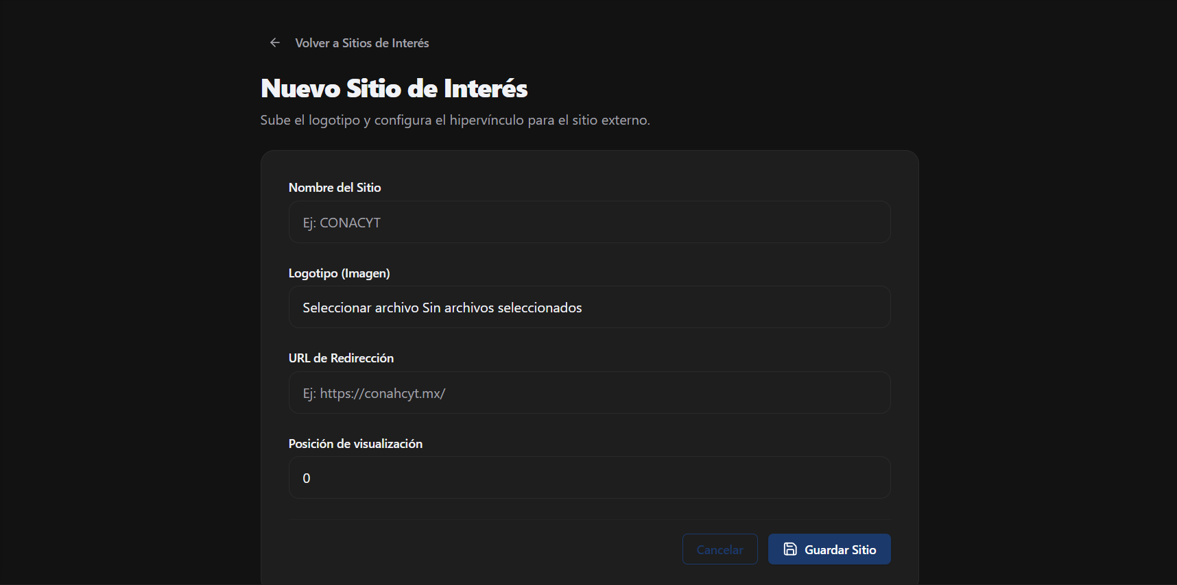 Formulario de creación de Sitios de Interés