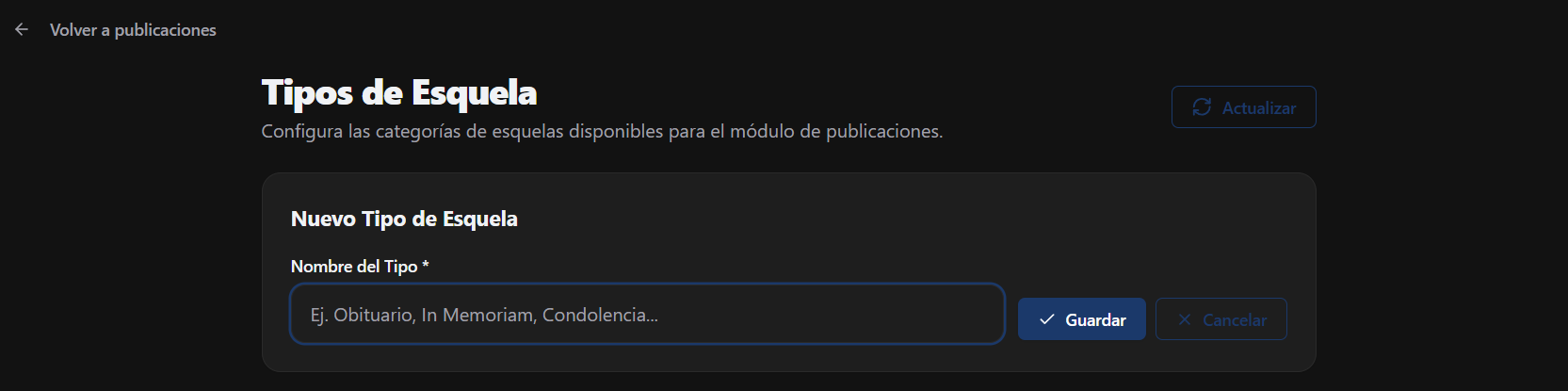 Formulario de creación de Tipos de Esquela