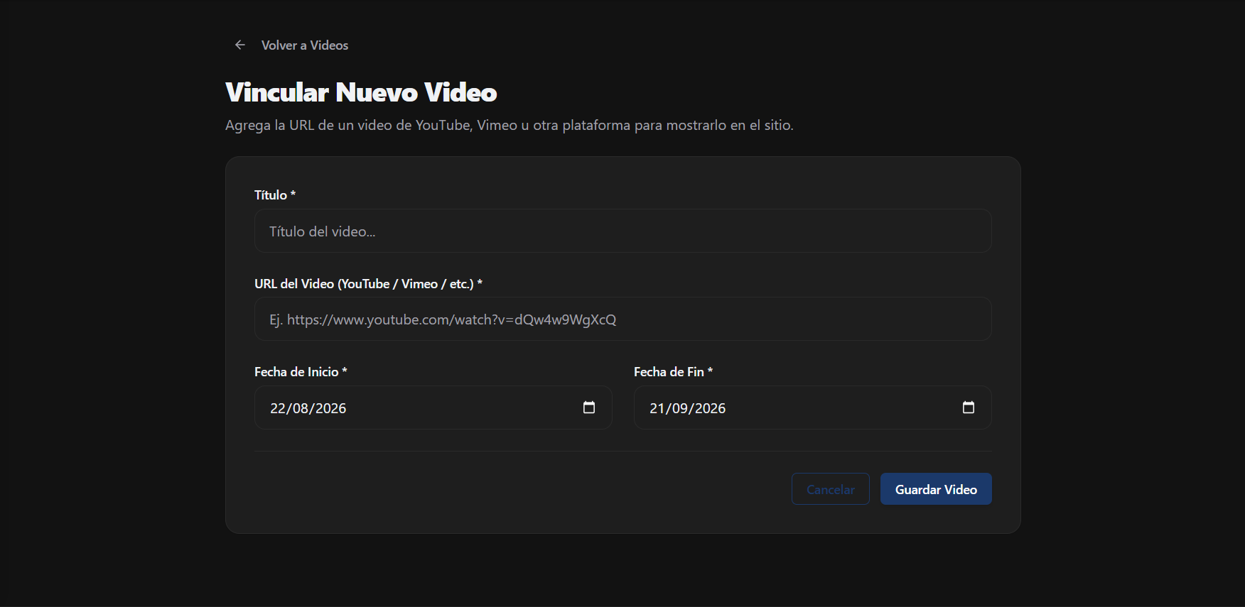 Formulario de creación de Videos
